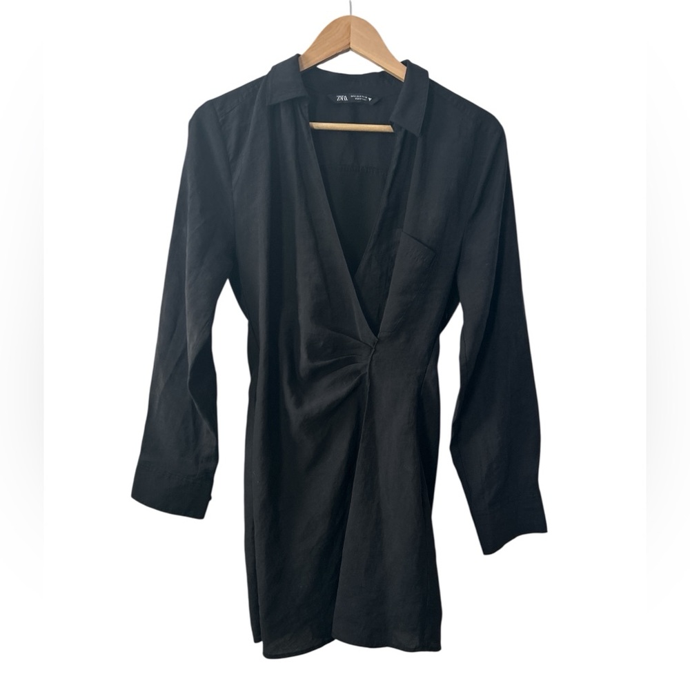 Zara Mini Dress Faux Wrap Plunging V-Neck Long Sleeve Black Women’s Size Small